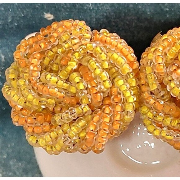 Vintage Glass Seed Beads Two Toned Golden Handmade Love Knot Clip-On Earrings - Picture 3 of 10